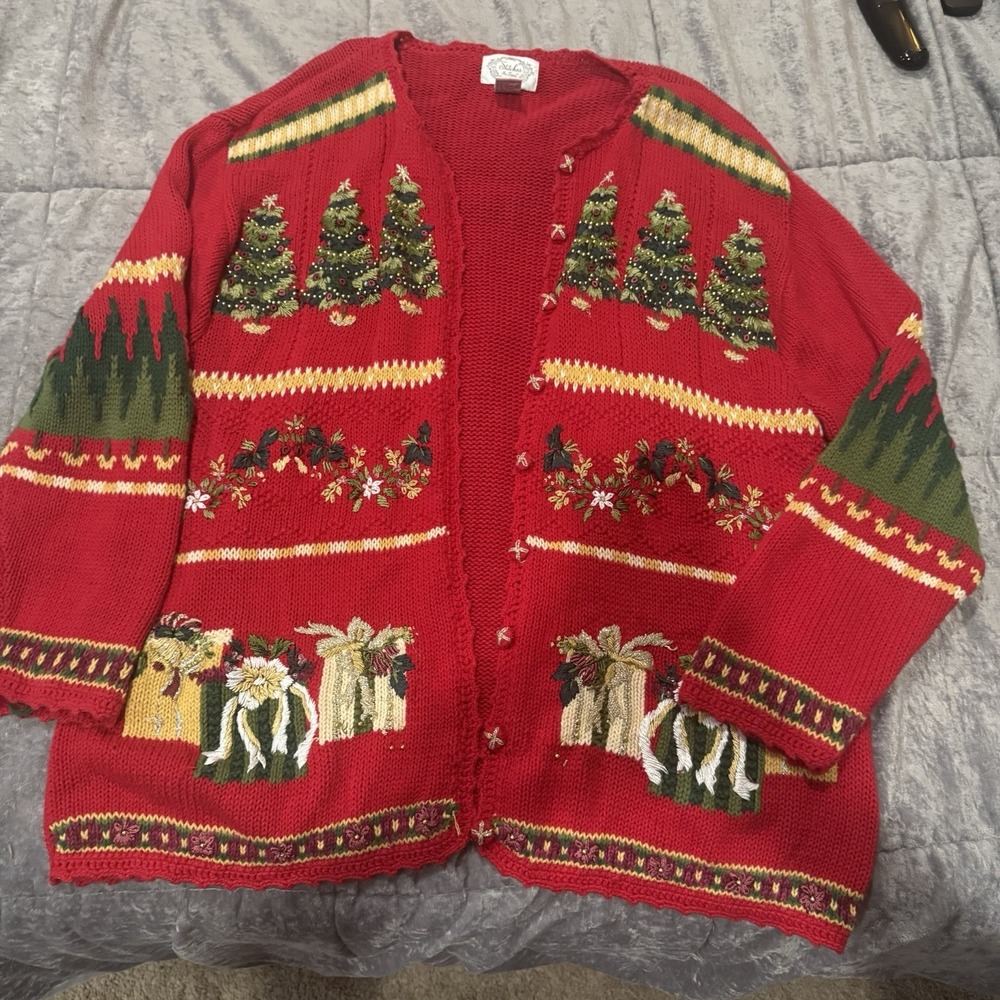Stitches in Time Women's Size 1X Christmas Red Sweater Cardigan Heavy